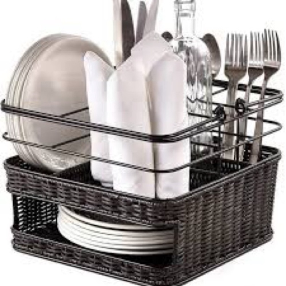 Picnic Serving Caddy Utensil Holder Organizer Wicker Kitchen Dining Barbecue